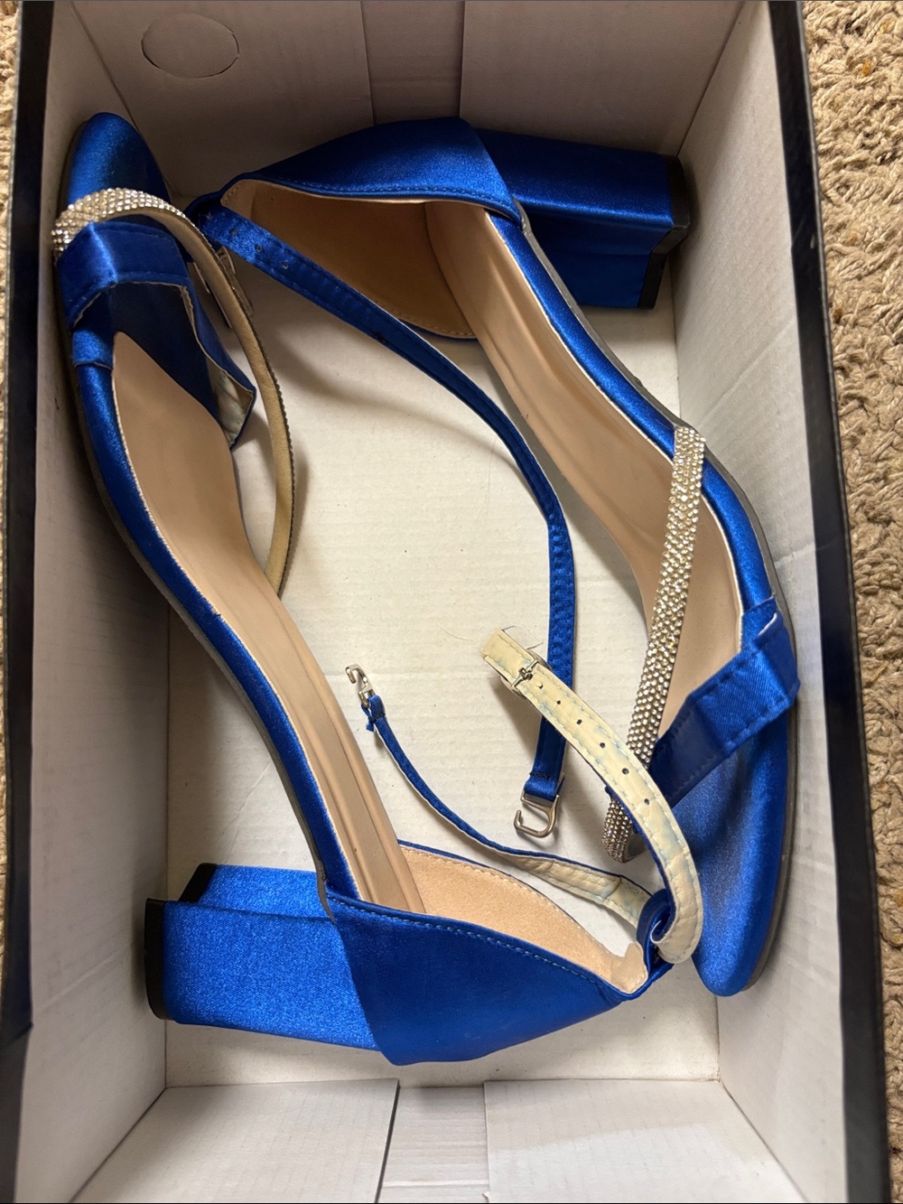 Elegant Blue Satin Block Heel Sandals with Rhinestone Strap